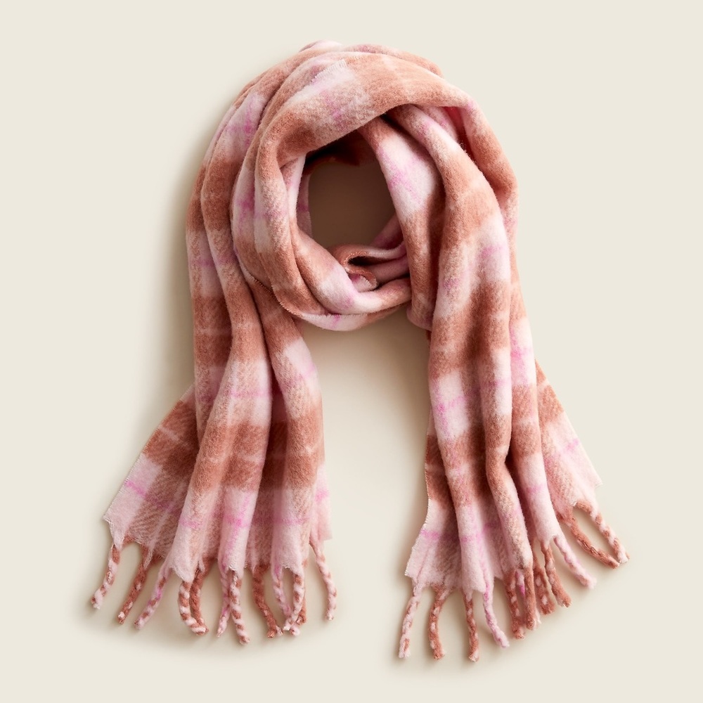 J CREW FUZZY SOFT WOOL PLAID SCARF SWEET BLUSH NWT